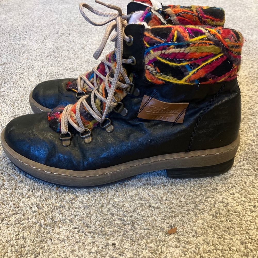 Rieker Antistress Black Multi Color Knit Wool Trim Combat Ankle Boots EU 39 US 8